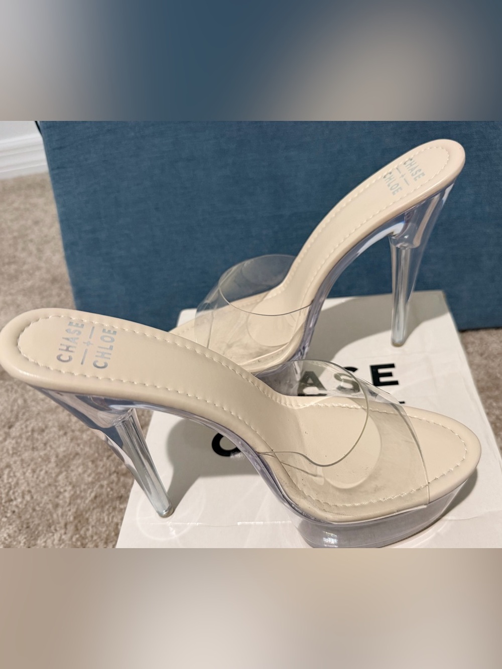 Chase + Chloe Clear Strap Nude High Heel Mules